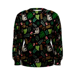 Floral Pattern With Plants Sloth Flowers Black Backdrop Women s Sweatshirt