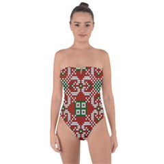 Grandma S Christmas Knitting Pattern Red Green White Colors Tie Back One Piece Swimsuit by Vaneshart
