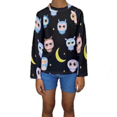 Cute Owl Doodles With Moon Star Seamless Pattern Kids  Long Sleeve Swimwear by Vaneshart