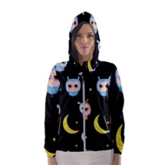 Cute Owl Doodles With Moon Star Seamless Pattern Women s Hooded Windbreaker