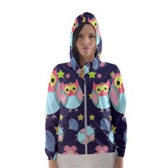 Owl Stars Pattern Background Women s Hooded Windbreaker