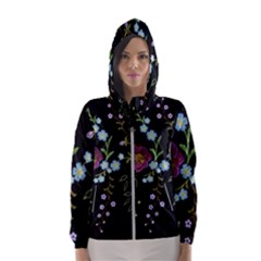 Embroidery Trend Floral Pattern Small Branches Herb Rose Women s Hooded Windbreaker by Vaneshart