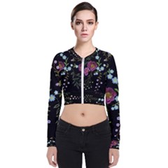 Embroidery Trend Floral Pattern Small Branches Herb Rose Long Sleeve Zip Up Bomber Jacket