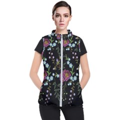 Embroidery Trend Floral Pattern Small Branches Herb Rose Women s Puffer Vest by Vaneshart