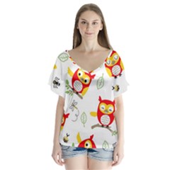 Seamless Pattern Vector Owl Cartoon With Bugs V-neck Flutter Sleeve Top