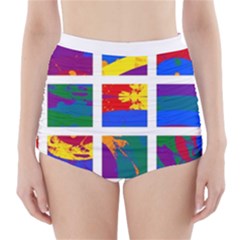 Gay Pride Rainbow Abstract Painted Squares Grid High-waisted Bikini Bottoms by VernenInk