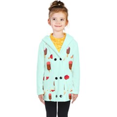 Ice Cream Pattern, Light Blue Background Kids  Double Breasted Button Coat by Casemiro