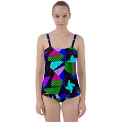 Trippy Blocks, Dotted Geometric Pattern Twist Front Tankini Set by Casemiro