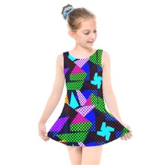 Trippy Blocks, Dotted Geometric Pattern Kids  Skater Dress Swimsuit by Casemiro