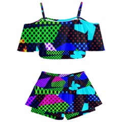 Trippy Blocks, Dotted Geometric Pattern Kids  Off Shoulder Skirt Bikini by Casemiro