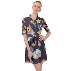 Owl Stars Pattern Background Belted Shirt Dress