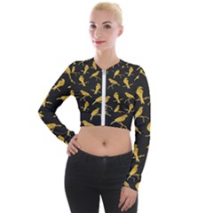 Background With Golden Birds Long Sleeve Cropped Velvet Jacket