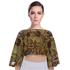 Forest Vintage Seamless Background With Owls Tie Back Butterfly Sleeve Chiffon Top