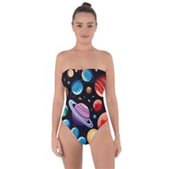 Background With Many Planets Space Tie Back One Piece Swimsuit