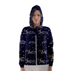 Hand Drawn Scratch Style Night Sky With Moon Cloud Space Among Stars Seamless Pattern Vector Design  Women s Hooded Windbreaker by BangZart