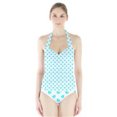 White Light Blue Hearts Pattern, Pastel Sky Blue Color Halter Swimsuit by Casemiro