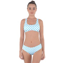 White Light Blue Hearts Pattern, Pastel Sky Blue Color Criss Cross Bikini Set by Casemiro