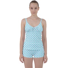 White Light Blue Hearts Pattern, Pastel Sky Blue Color Tie Front Two Piece Tankini by Casemiro