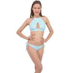 White Light Blue Hearts Pattern, Pastel Sky Blue Color Cross Front Halter Bikini Set by Casemiro