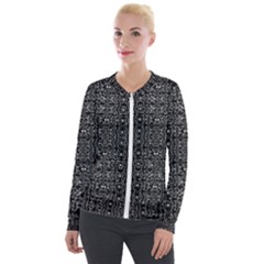 Black And White Ethnic Ornate Pattern Velour Zip Up Jacket by dflcprintsclothing