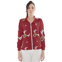 Cute Reindeer Head With Star Red Background Women s Windbreaker by BangZart