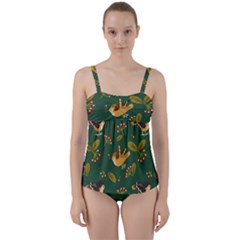 Cute Seamless Pattern Bird With Berries Leaves Twist Front Tankini Set by BangZart