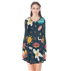 Seamless Pattern With Breakfast Symbols Morning Coffee Long Sleeve V-neck Flare Dress by BangZart