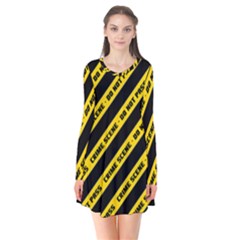 Warning Colors Yellow And Black - Police No Entrance 2 Long Sleeve V-neck Flare Dress by DinzDas