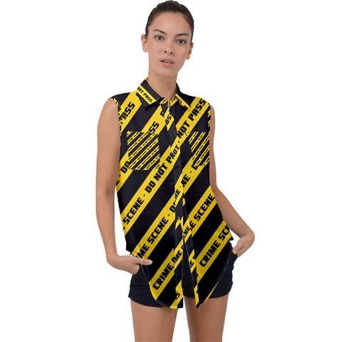 Warning Colors Yellow And Black - Police No Entrance 2 Sleeveless Chiffon Button Shirt by DinzDas