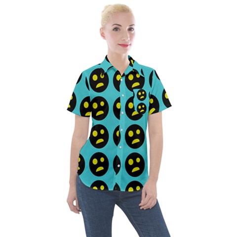 005 - Ugly Smiley With Horror Face - Scary Smiley Women s Short Sleeve Pocket Shirt by DinzDas