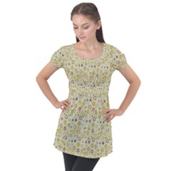 Abstract Flowers And Circle Puff Sleeve Tunic Top by DinzDas