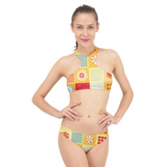 Abstract Flowers And Circle High Neck Bikini Set by DinzDas