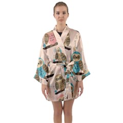 Seamless-pattern-owls-dream-cute-style-pajama-fabric Long Sleeve Satin Kimono