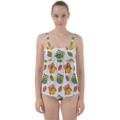 Background With Owls Leaves Pattern Twist Front Tankini Set