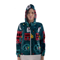 Seamless Pattern Hand Drawn With Vehicles Buildings Road Women s Hooded Windbreaker