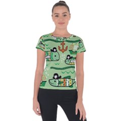 Seamless Pattern Fishes Pirates Cartoon Short Sleeve Sports Top 