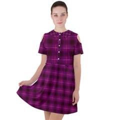 Dark Purple, Violet Tartan, Buffalo Plaid Like Pattern Short Sleeve Shoulder Cut Out Dress  by Casemiro