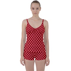 Three Color Tartan, Red Grey, Black Buffalo Plaid Theme Tie Front Two Piece Tankini by Casemiro