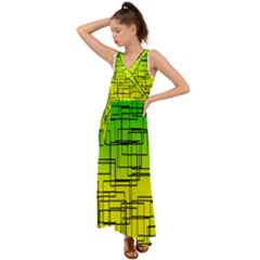 Geometrical Lines Pattern, Asymmetric Blocks Theme, Line Art V-neck Chiffon Maxi Dress by Casemiro