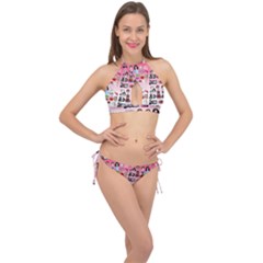 Kawaii Collage Pink Ombre Cross Front Halter Bikini Set