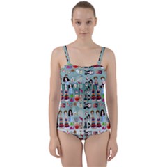 Kawaii Collage Teal  Ombre Twist Front Tankini Set