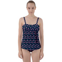 Peach Purple Daisy Flower Teal Twist Front Tankini Set