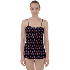 Peach Purple Daisy Flower Black Babydoll Tankini Set