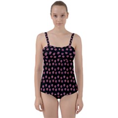 Peach Purple Daisy Flower Black Twist Front Tankini Set