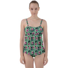 60s Girl Floral Green Twist Front Tankini Set