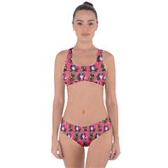 60s Girl Dark Pink Floral Daisy Criss Cross Bikini Set