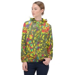 Colorful Brush Strokes Painting On A Green Background                                                    Women Hooded Front Pocket Windbreaker by LalyLauraFLM