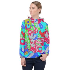 Colorful Distorted Shapes On A Grey Background                                                     Women Hooded Front Pocket Windbreaker