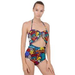 Graffiti Characters Seamless Pattern Scallop Top Cut Out Swimsuit