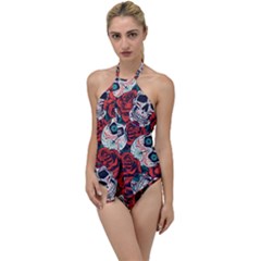 Vintage Day Dead Seamless Pattern Go With The Flow One Piece Swimsuit